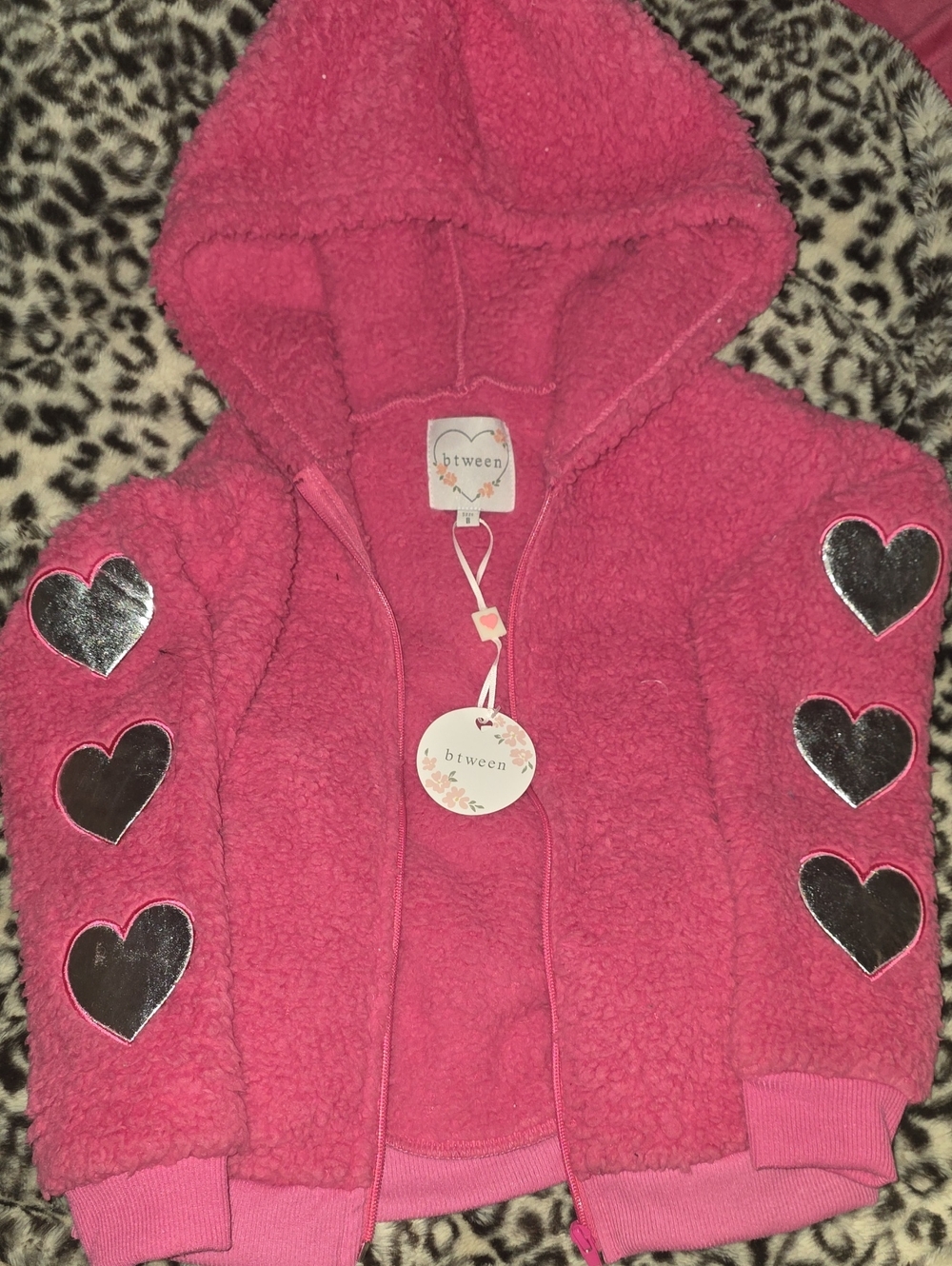 btween Hot Pink Sherpa Hoodie with Shiny Heart Patches